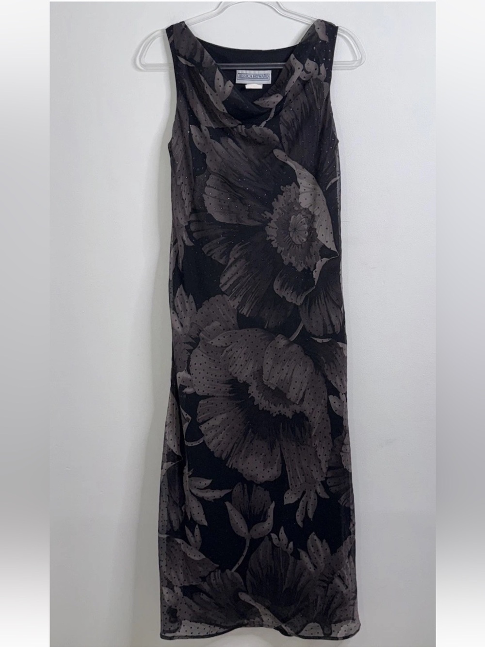 Vtg Jessica Howard Y2K Floral Cowl Neck Midi Dress Grey Black Sz 6 Witchcore